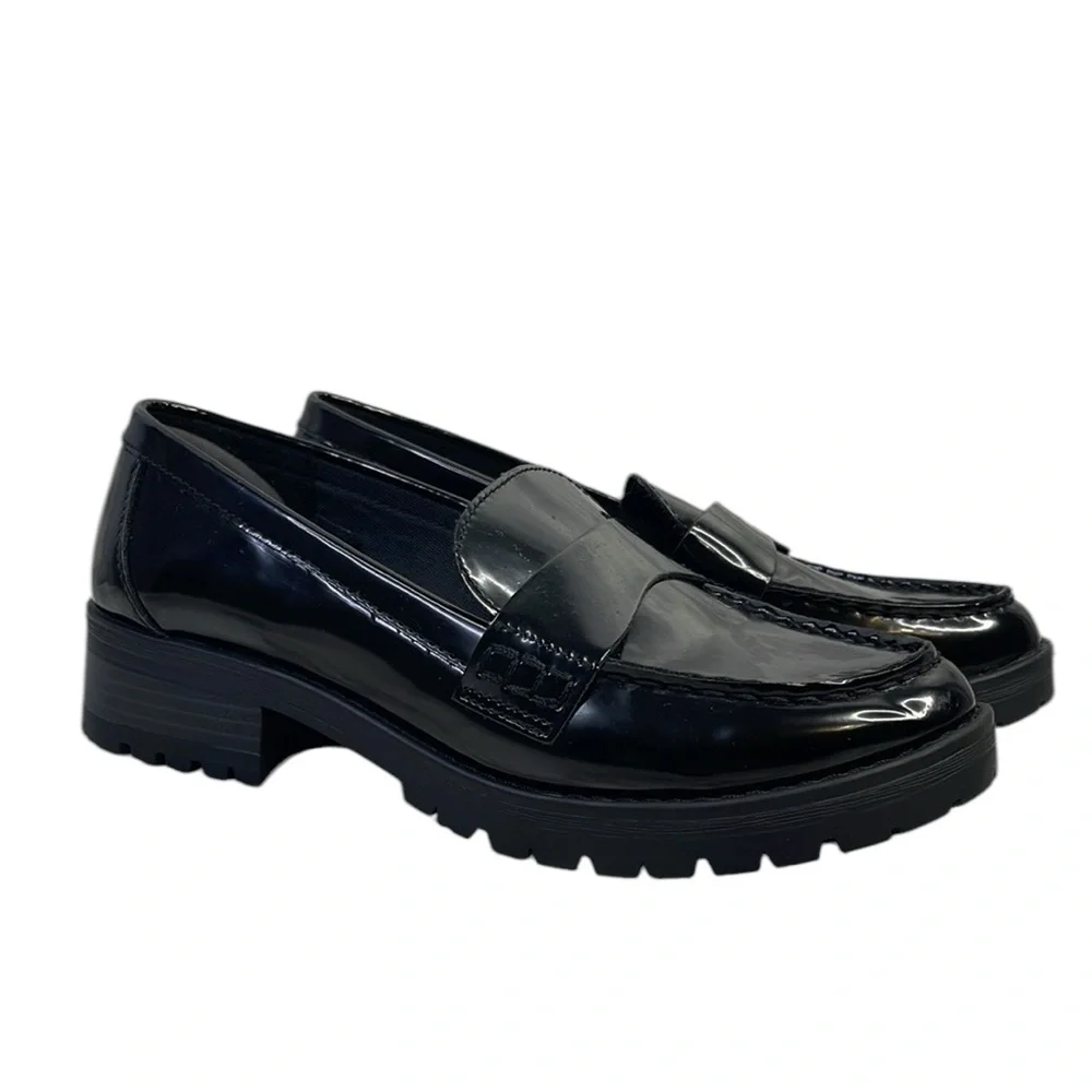 Old Navy-Women's old navy Black chunky heeled platform loafer shoes size 8